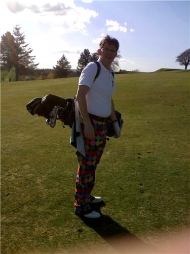 Ian 'The Great Mont' Montgomerie on the fairway in legendary trousers